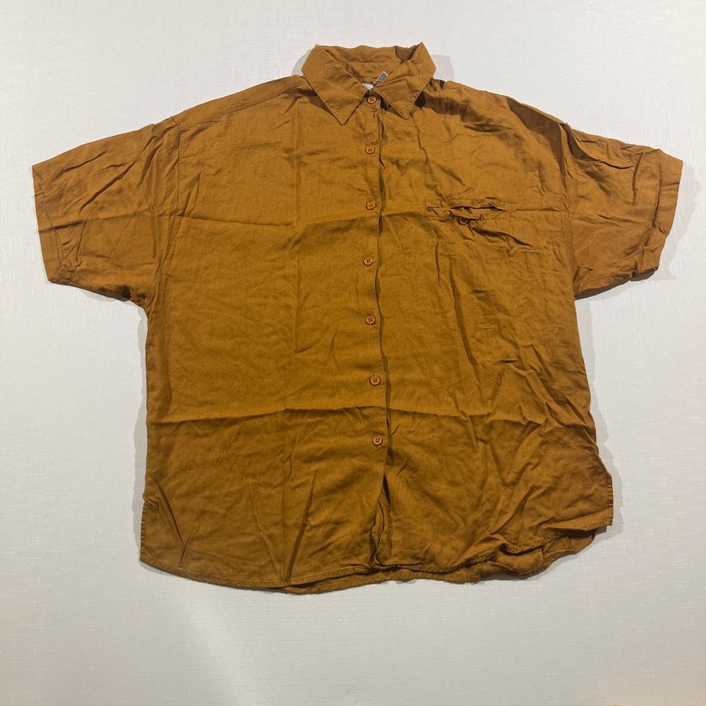 VTG Kikomo Shirt Large Men Orange Short Sleeve Button Down Linen Look Rayon Boho